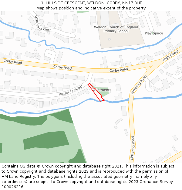 1, HILLSIDE CRESCENT, WELDON, CORBY, NN17 3HF: Location map and indicative extent of plot