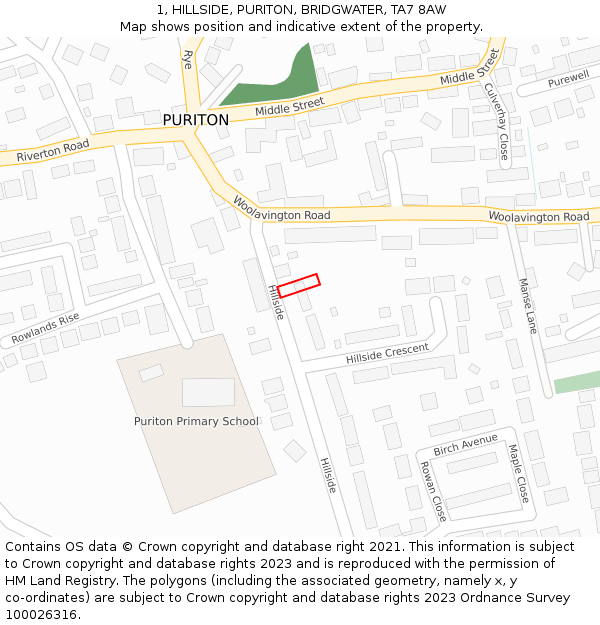 1, HILLSIDE, PURITON, BRIDGWATER, TA7 8AW: Location map and indicative extent of plot