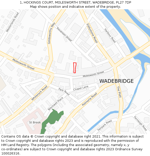 1, HOCKINGS COURT, MOLESWORTH STREET, WADEBRIDGE, PL27 7DP: Location map and indicative extent of plot