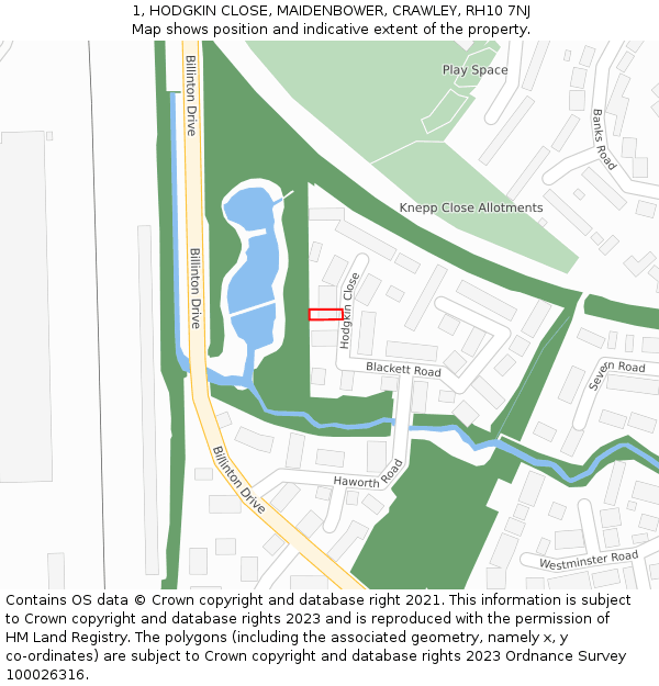 1, HODGKIN CLOSE, MAIDENBOWER, CRAWLEY, RH10 7NJ: Location map and indicative extent of plot