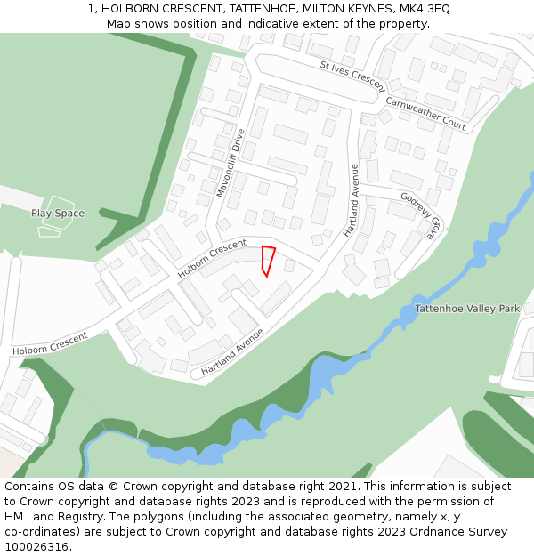 1, HOLBORN CRESCENT, TATTENHOE, MILTON KEYNES, MK4 3EQ: Location map and indicative extent of plot