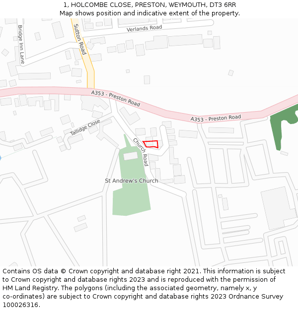 1, HOLCOMBE CLOSE, PRESTON, WEYMOUTH, DT3 6RR: Location map and indicative extent of plot