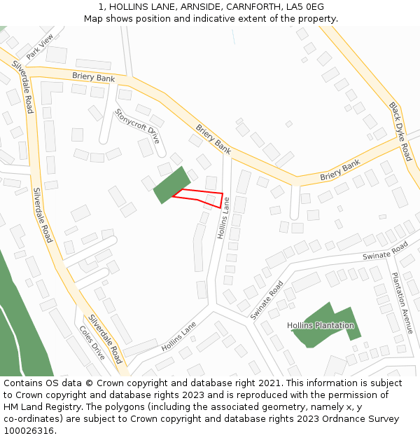 1, HOLLINS LANE, ARNSIDE, CARNFORTH, LA5 0EG: Location map and indicative extent of plot