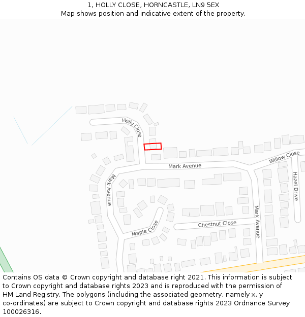 1, HOLLY CLOSE, HORNCASTLE, LN9 5EX: Location map and indicative extent of plot