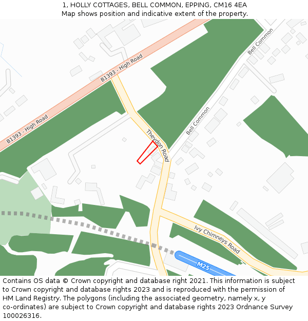 1, HOLLY COTTAGES, BELL COMMON, EPPING, CM16 4EA: Location map and indicative extent of plot