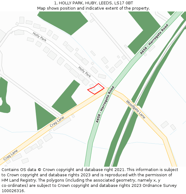 1, HOLLY PARK, HUBY, LEEDS, LS17 0BT: Location map and indicative extent of plot