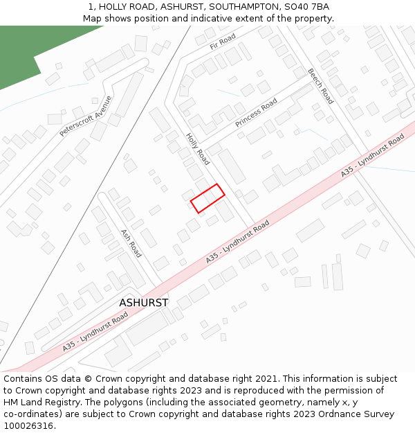 1, HOLLY ROAD, ASHURST, SOUTHAMPTON, SO40 7BA: Location map and indicative extent of plot