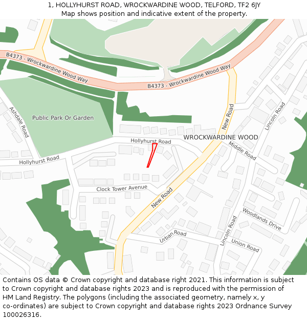 1, HOLLYHURST ROAD, WROCKWARDINE WOOD, TELFORD, TF2 6JY: Location map and indicative extent of plot