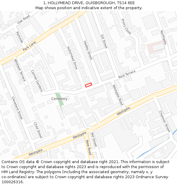 1, HOLLYMEAD DRIVE, GUISBOROUGH, TS14 6EE: Location map and indicative extent of plot