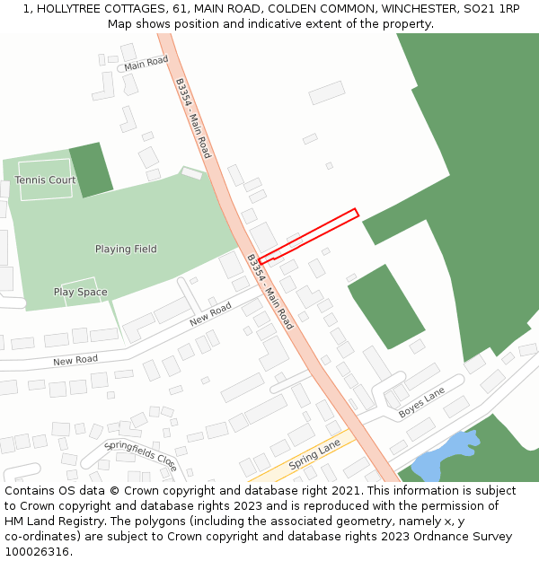 1, HOLLYTREE COTTAGES, 61, MAIN ROAD, COLDEN COMMON, WINCHESTER, SO21 1RP: Location map and indicative extent of plot