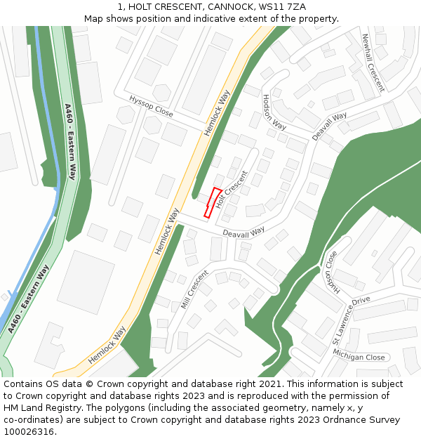 1, HOLT CRESCENT, CANNOCK, WS11 7ZA: Location map and indicative extent of plot