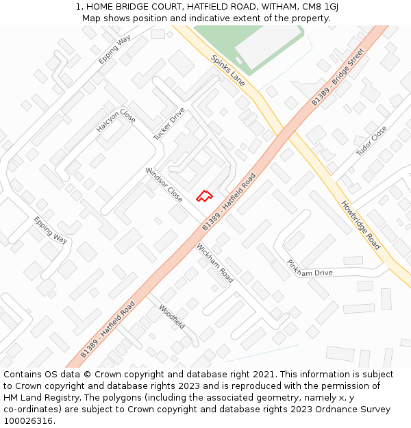 1, HOME BRIDGE COURT, HATFIELD ROAD, WITHAM, CM8 1GJ: Location map and indicative extent of plot