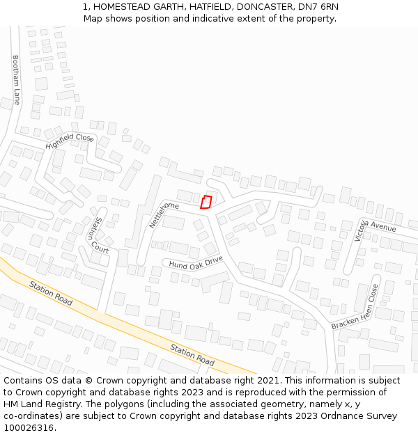 1, HOMESTEAD GARTH, HATFIELD, DONCASTER, DN7 6RN: Location map and indicative extent of plot