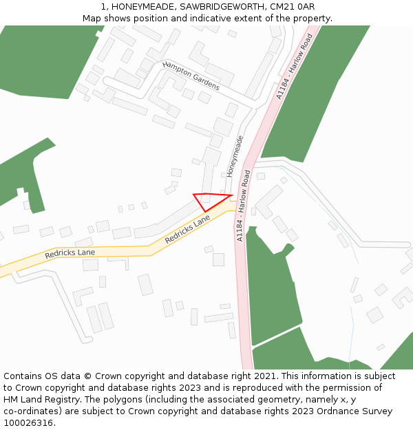 1, HONEYMEADE, SAWBRIDGEWORTH, CM21 0AR: Location map and indicative extent of plot