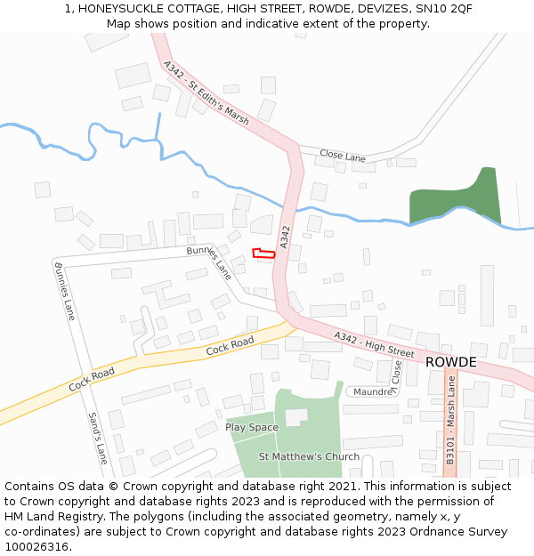 1, HONEYSUCKLE COTTAGE, HIGH STREET, ROWDE, DEVIZES, SN10 2QF: Location map and indicative extent of plot