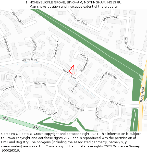 1, HONEYSUCKLE GROVE, BINGHAM, NOTTINGHAM, NG13 8UJ: Location map and indicative extent of plot