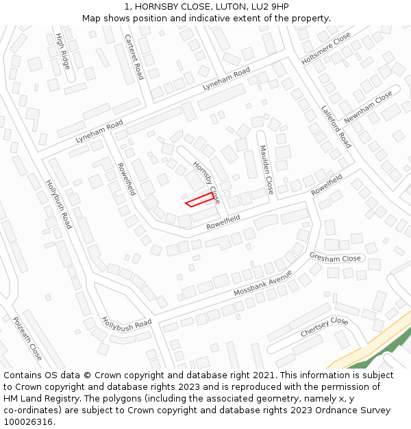 1, HORNSBY CLOSE, LUTON, LU2 9HP: Location map and indicative extent of plot