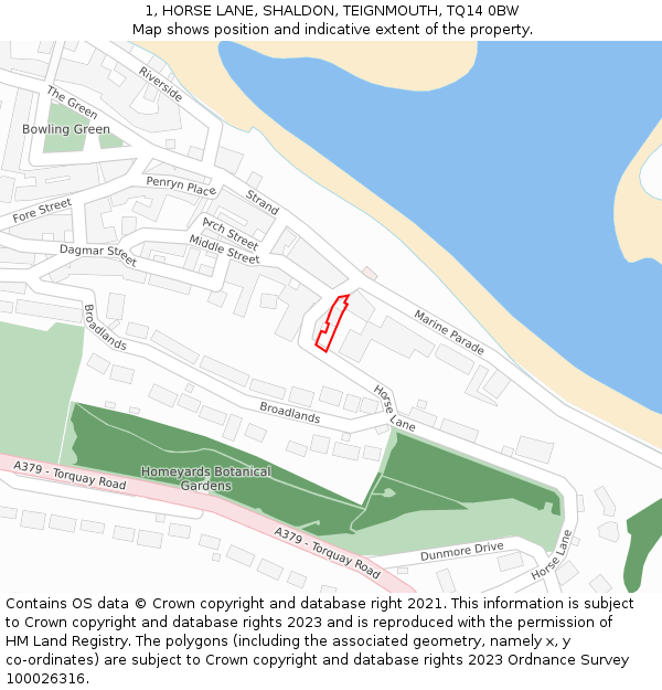 1, HORSE LANE, SHALDON, TEIGNMOUTH, TQ14 0BW: Location map and indicative extent of plot