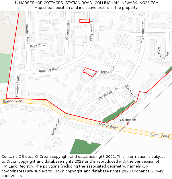 1, HORSESHOE COTTAGES, STATION ROAD, COLLINGHAM, NEWARK, NG23 7SA: Location map and indicative extent of plot