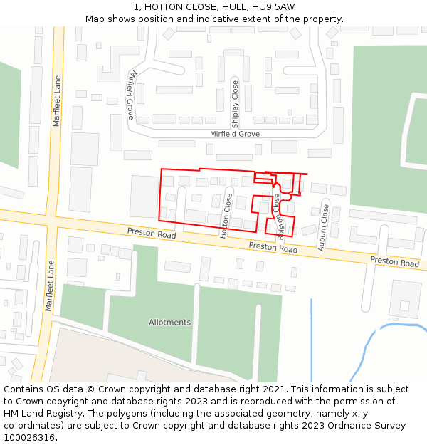 1, HOTTON CLOSE, HULL, HU9 5AW: Location map and indicative extent of plot