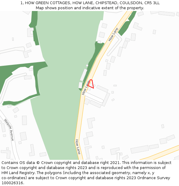 1, HOW GREEN COTTAGES, HOW LANE, CHIPSTEAD, COULSDON, CR5 3LL: Location map and indicative extent of plot