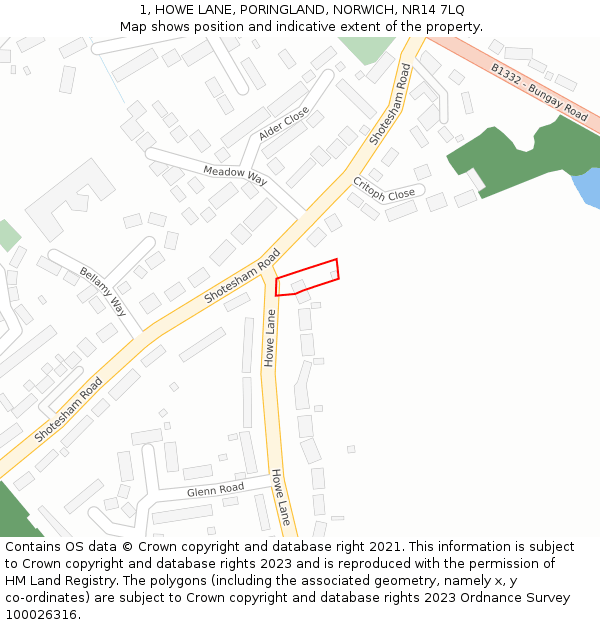 1, HOWE LANE, PORINGLAND, NORWICH, NR14 7LQ: Location map and indicative extent of plot