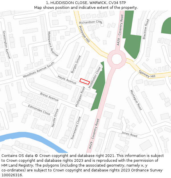 1, HUDDISDON CLOSE, WARWICK, CV34 5TP: Location map and indicative extent of plot