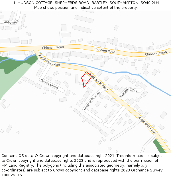 1, HUDSON COTTAGE, SHEPHERDS ROAD, BARTLEY, SOUTHAMPTON, SO40 2LH: Location map and indicative extent of plot