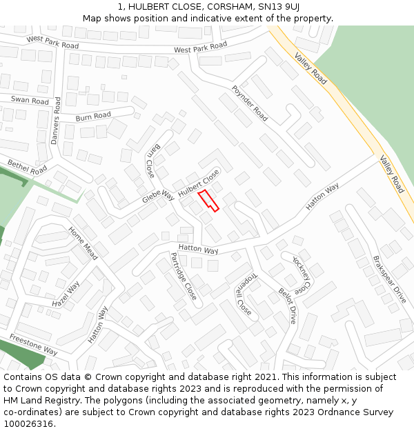 1, HULBERT CLOSE, CORSHAM, SN13 9UJ: Location map and indicative extent of plot