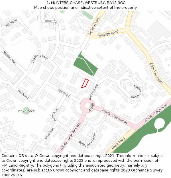 1, HUNTERS CHASE, WESTBURY, BA13 3GQ: Location map and indicative extent of plot