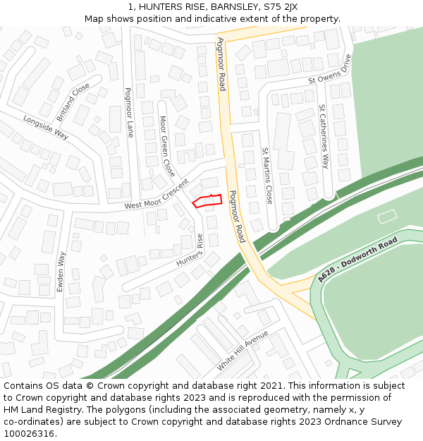 1, HUNTERS RISE, BARNSLEY, S75 2JX: Location map and indicative extent of plot