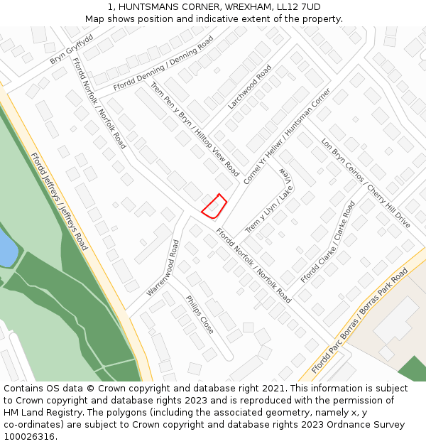 1, HUNTSMANS CORNER, WREXHAM, LL12 7UD: Location map and indicative extent of plot
