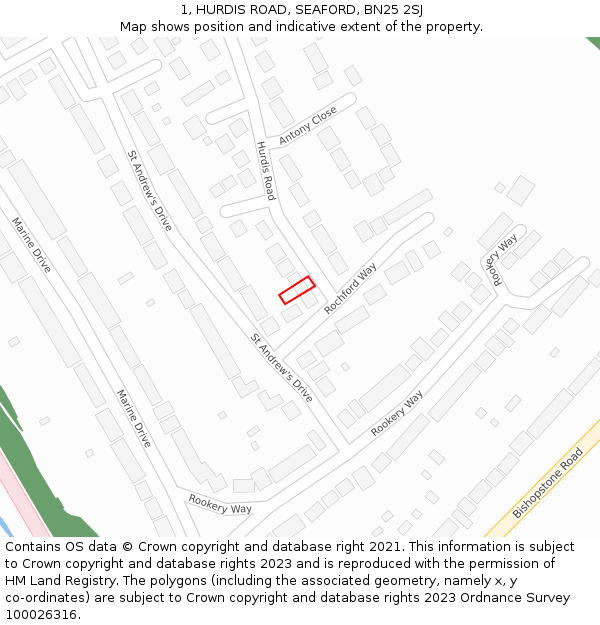 1, HURDIS ROAD, SEAFORD, BN25 2SJ: Location map and indicative extent of plot