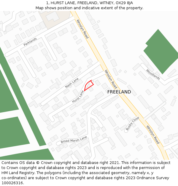 1, HURST LANE, FREELAND, WITNEY, OX29 8JA: Location map and indicative extent of plot