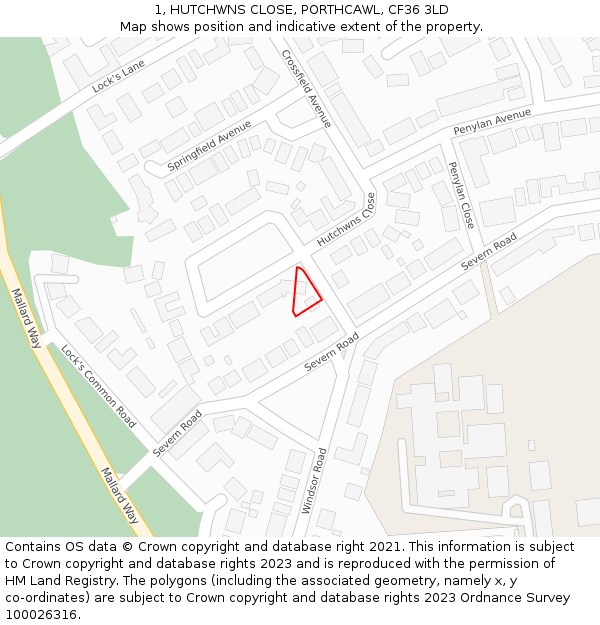 1, HUTCHWNS CLOSE, PORTHCAWL, CF36 3LD: Location map and indicative extent of plot