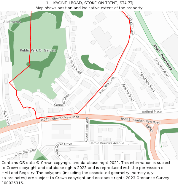 1, HYACINTH ROAD, STOKE-ON-TRENT, ST4 7TJ: Location map and indicative extent of plot