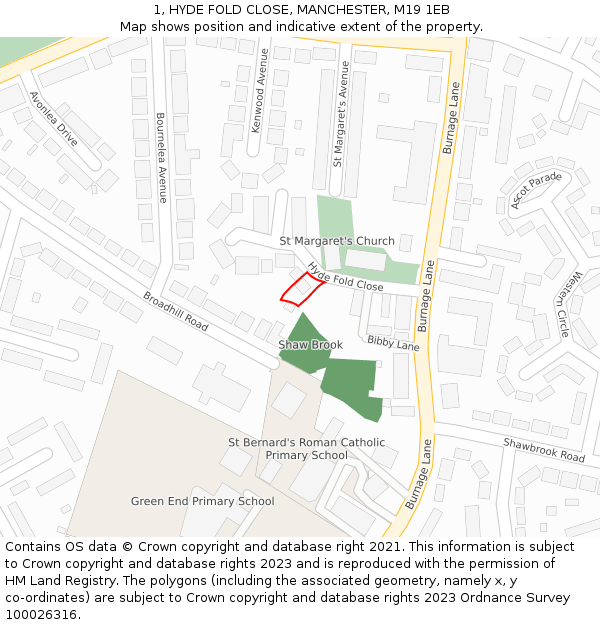 1, HYDE FOLD CLOSE, MANCHESTER, M19 1EB: Location map and indicative extent of plot