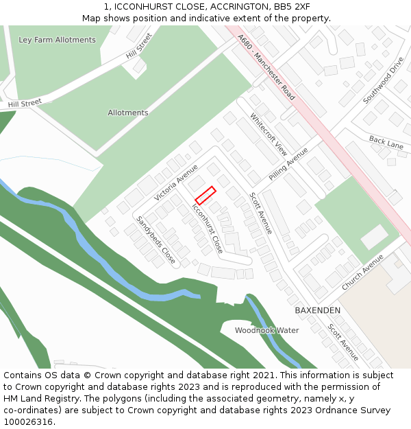 1, ICCONHURST CLOSE, ACCRINGTON, BB5 2XF: Location map and indicative extent of plot
