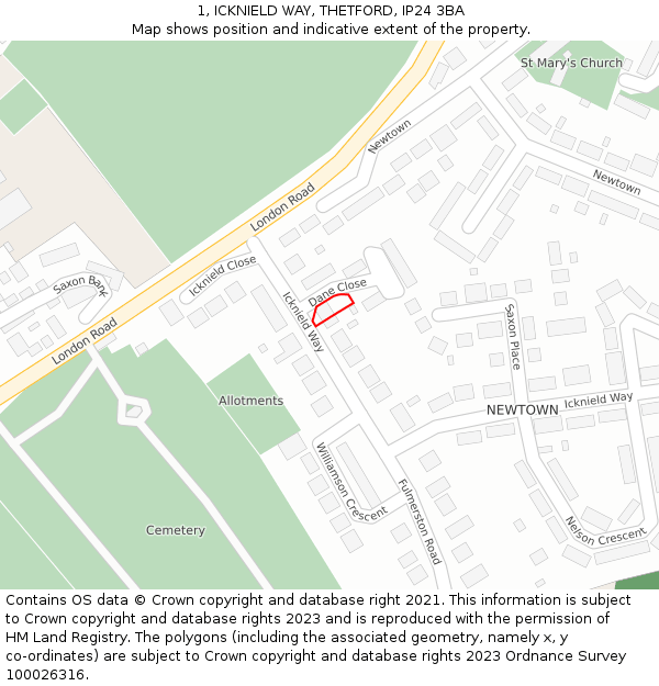 1, ICKNIELD WAY, THETFORD, IP24 3BA: Location map and indicative extent of plot