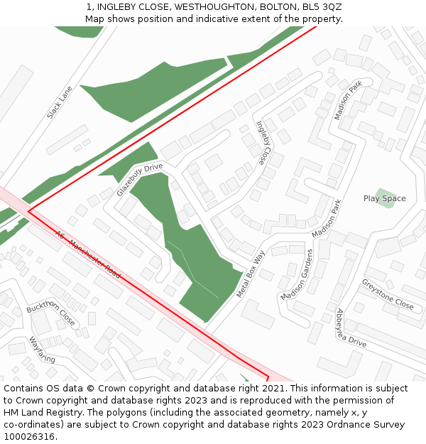 1, INGLEBY CLOSE, WESTHOUGHTON, BOLTON, BL5 3QZ: Location map and indicative extent of plot