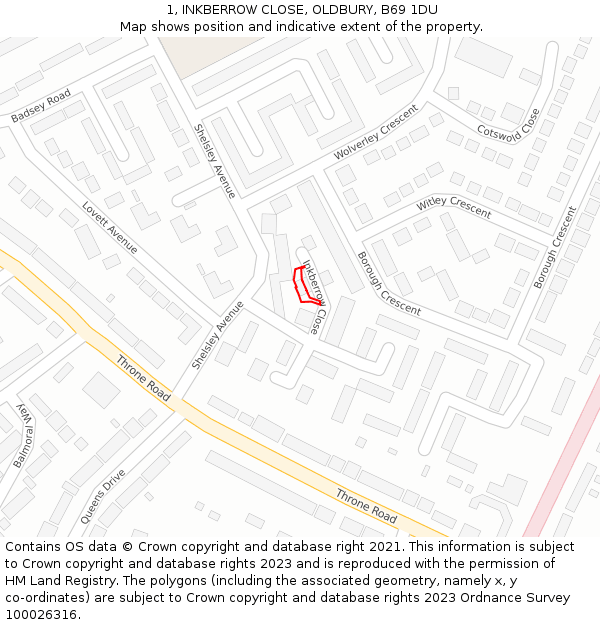 1, INKBERROW CLOSE, OLDBURY, B69 1DU: Location map and indicative extent of plot