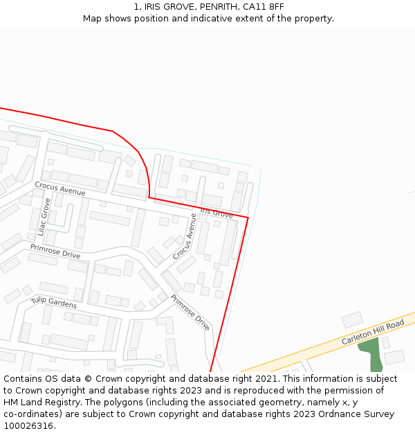 1, IRIS GROVE, PENRITH, CA11 8FF: Location map and indicative extent of plot