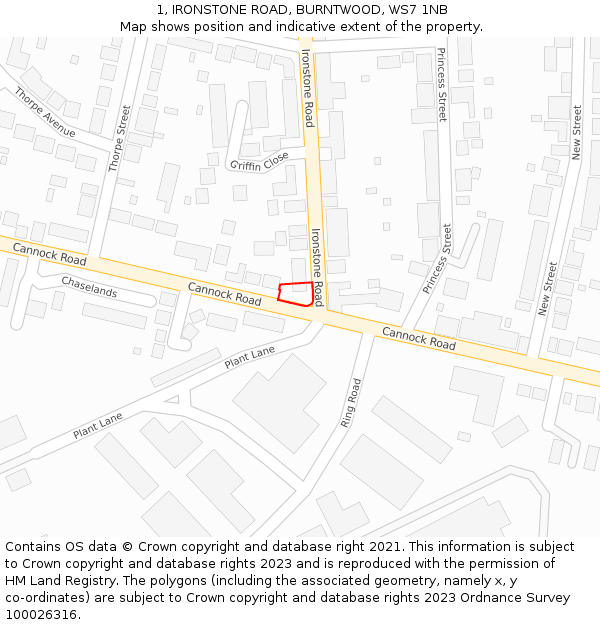 1, IRONSTONE ROAD, BURNTWOOD, WS7 1NB: Location map and indicative extent of plot