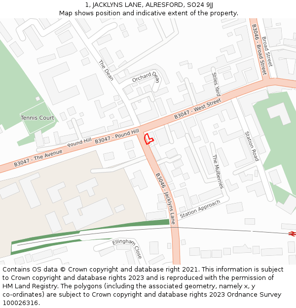 1, JACKLYNS LANE, ALRESFORD, SO24 9JJ: Location map and indicative extent of plot