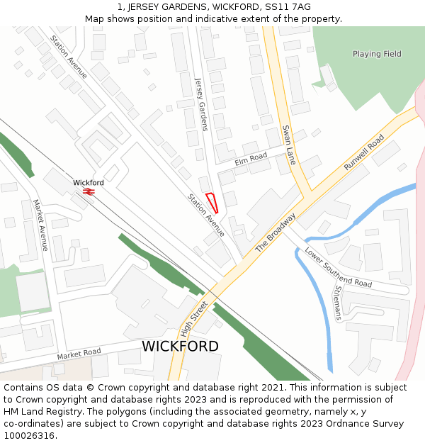 1, JERSEY GARDENS, WICKFORD, SS11 7AG: Location map and indicative extent of plot