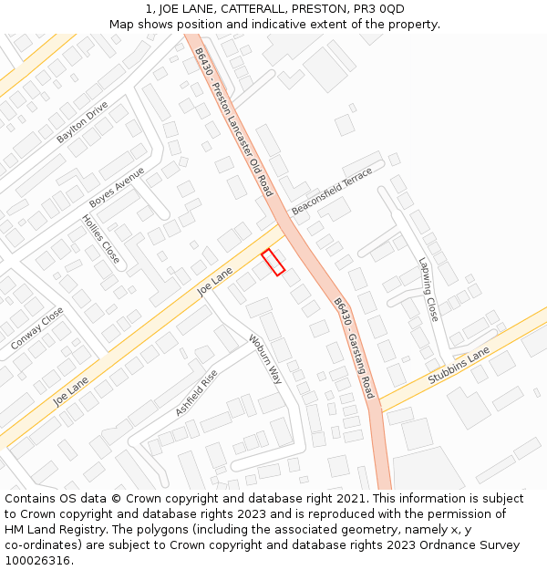 1, JOE LANE, CATTERALL, PRESTON, PR3 0QD: Location map and indicative extent of plot