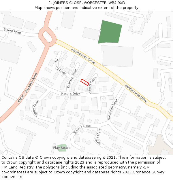 1, JOINERS CLOSE, WORCESTER, WR4 9XD: Location map and indicative extent of plot