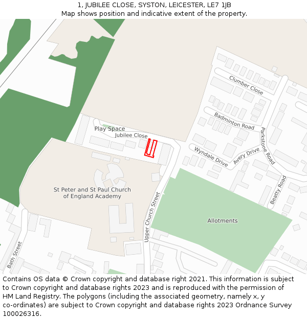 1, JUBILEE CLOSE, SYSTON, LEICESTER, LE7 1JB: Location map and indicative extent of plot