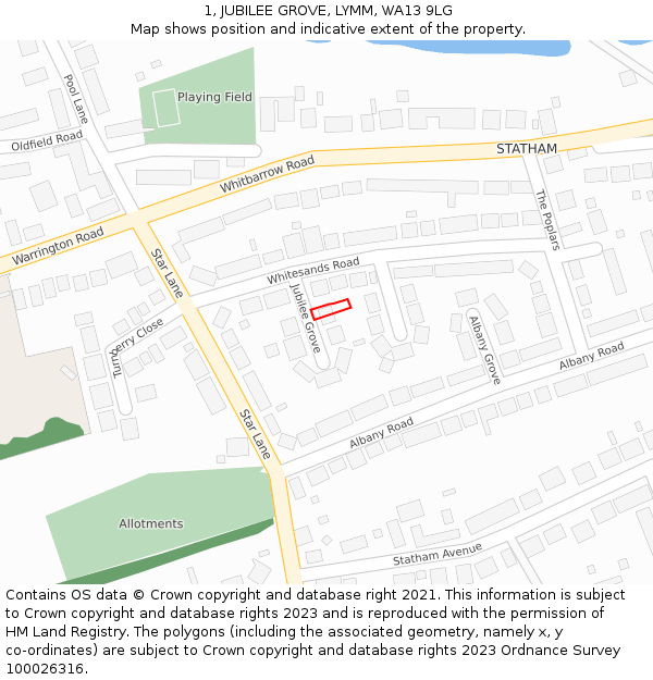 1, JUBILEE GROVE, LYMM, WA13 9LG: Location map and indicative extent of plot