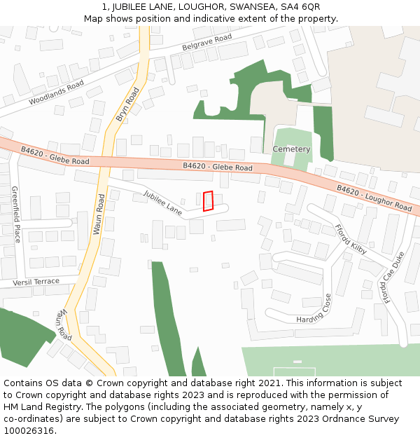 1, JUBILEE LANE, LOUGHOR, SWANSEA, SA4 6QR: Location map and indicative extent of plot